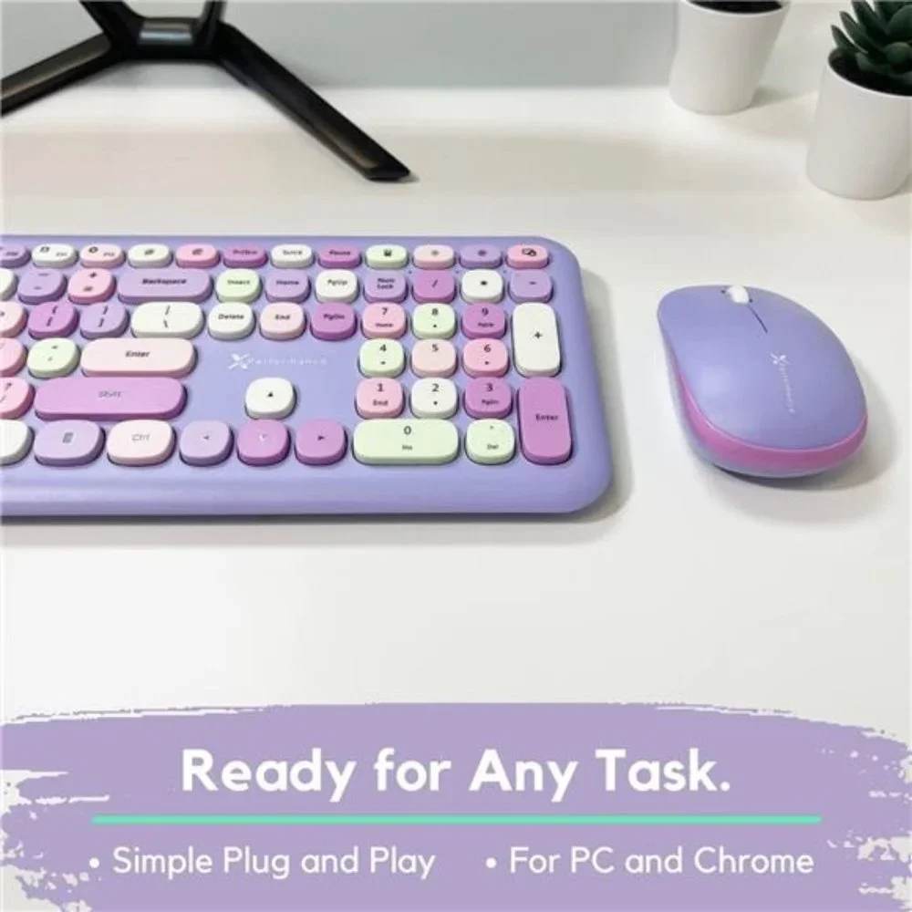 Colorful Keyboard and Mouse Combo - 2.4G Wireless Aesthetic Purple Keyboard